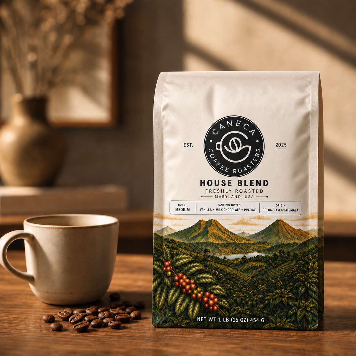 CANECA House Blend medium roast coffee in a warm social media composition