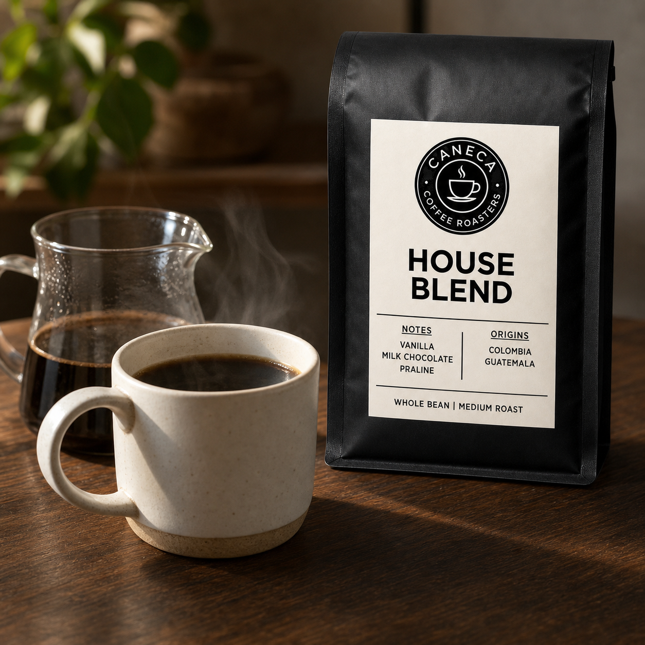 CANECA House Blend medium roast coffee beside freshly brewed pour-over coffee