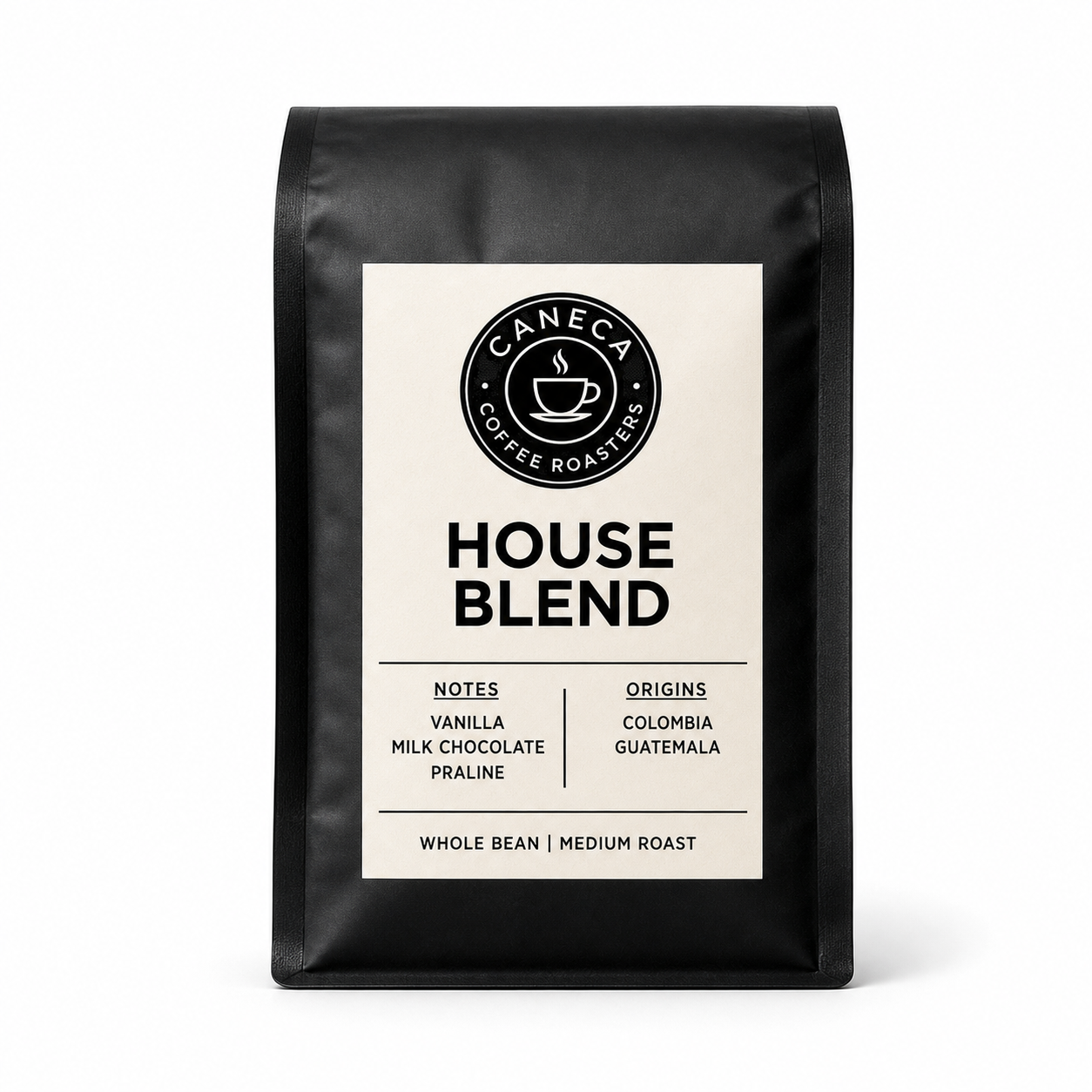 CANECA House Blend whole bean medium roast coffee bag on a white background