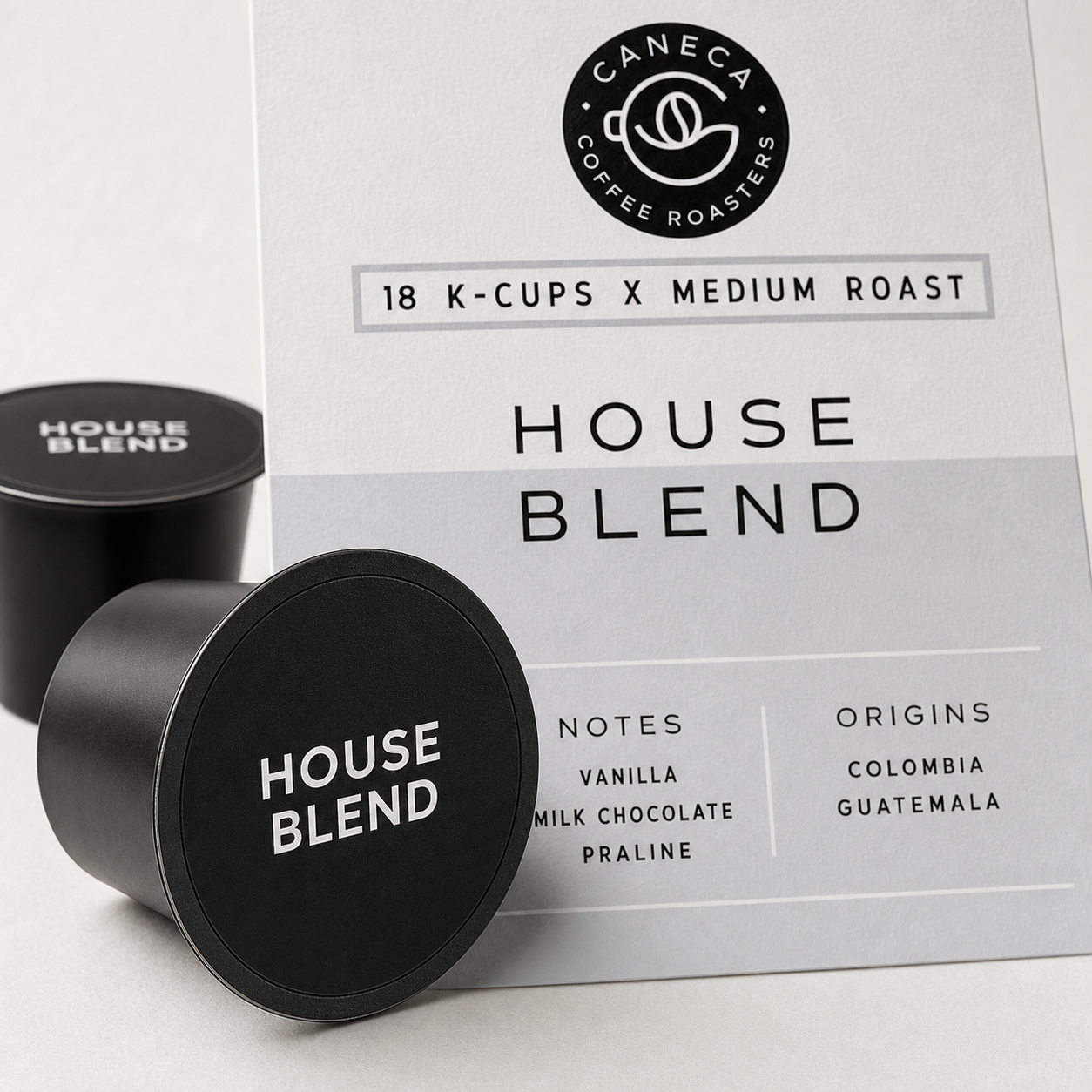 Close-up of a CANECA House Blend medium roast single-serve coffee pod