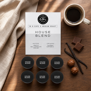 Overhead flat lay of CANECA House Blend K-Cups and tasting notes
