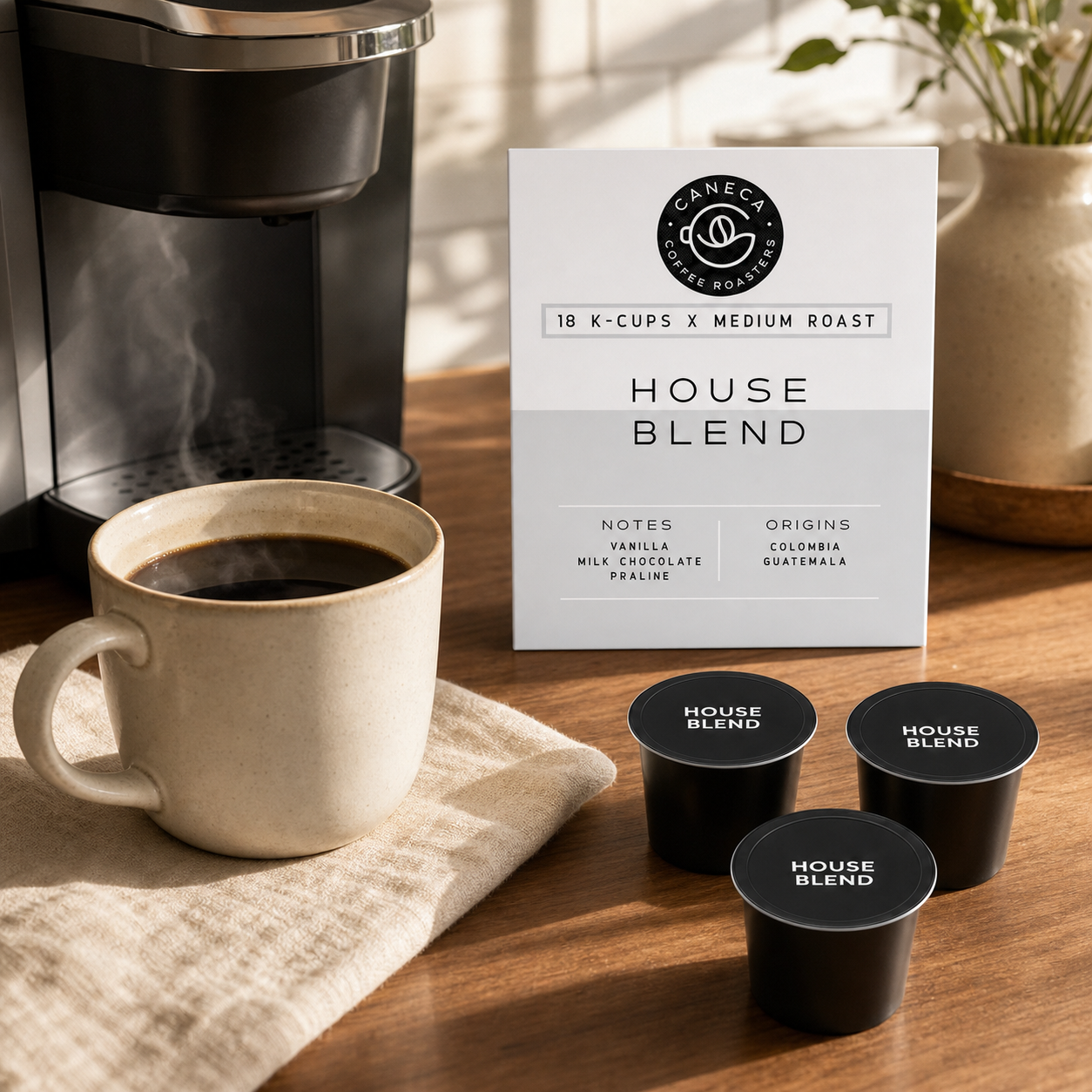 CANECA House Blend medium roast K-Cups with single-serve brewer and coffee