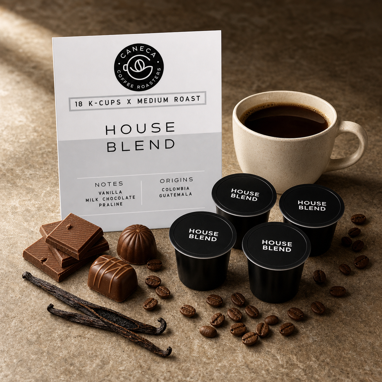 CANECA House Blend K-Cups with vanilla, milk chocolate and praline tasting-note cues