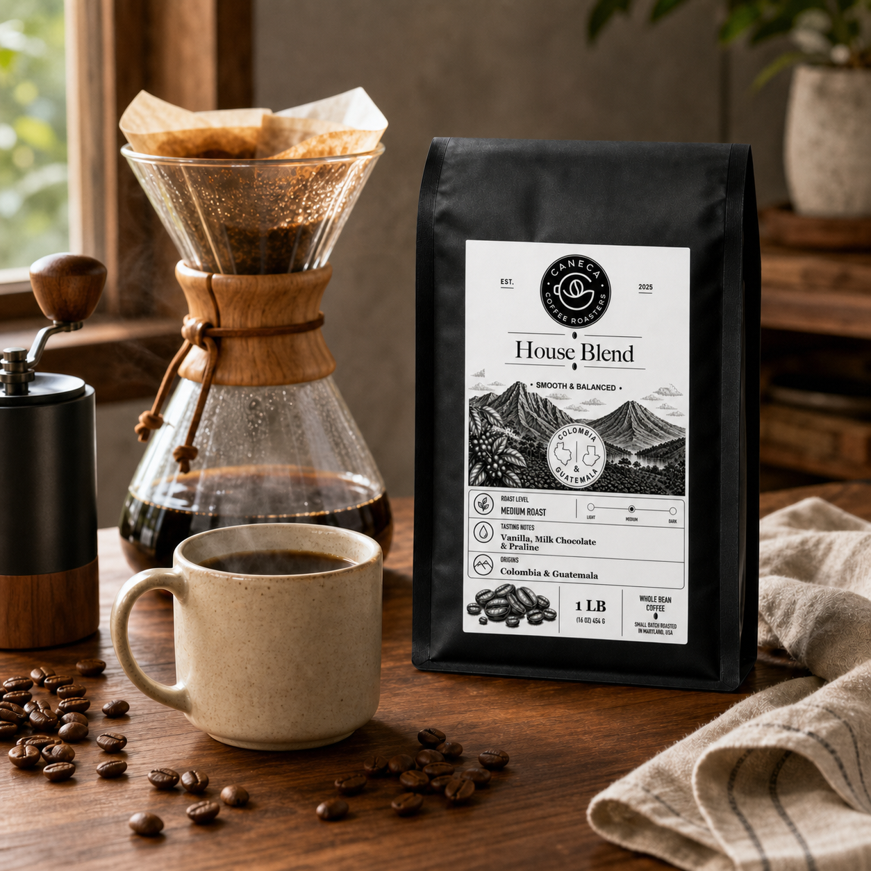 CANECA House Blend medium roast coffee with pour-over brewer, grinder and cup