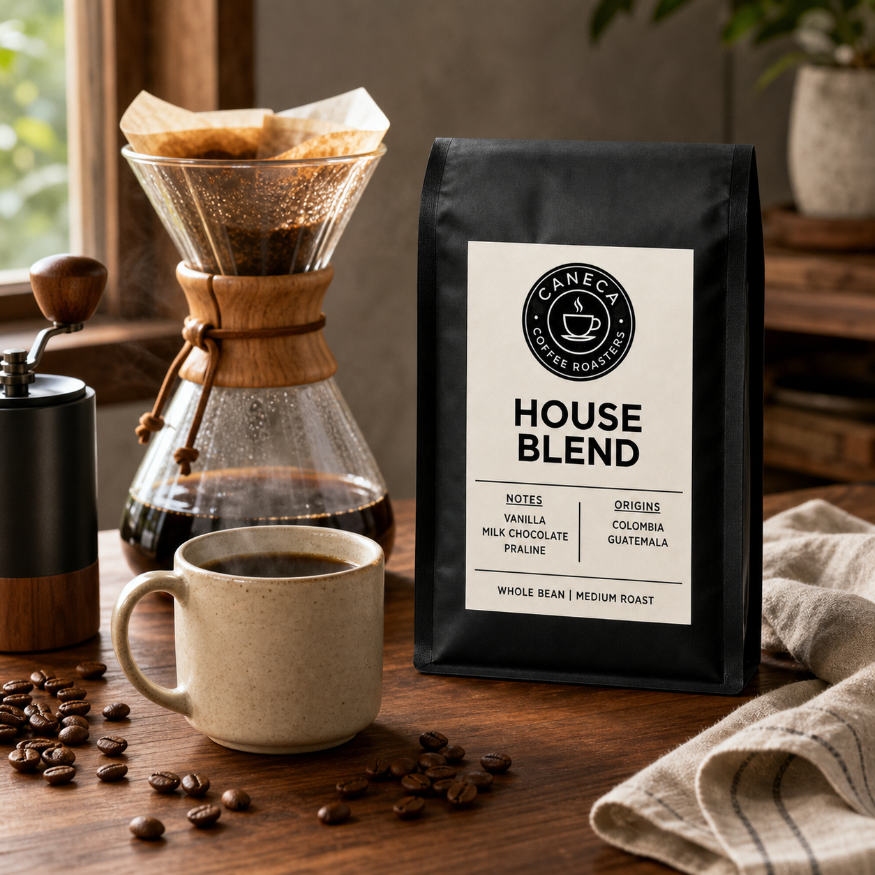 CANECA House Blend medium roast coffee with pour-over brewer, grinder and cup
