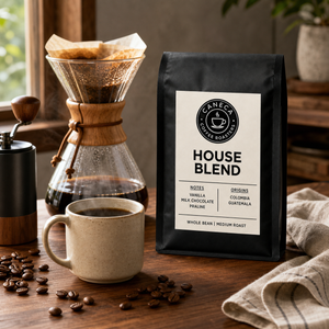 CANECA House Blend medium roast coffee with pour-over brewer, grinder and cup