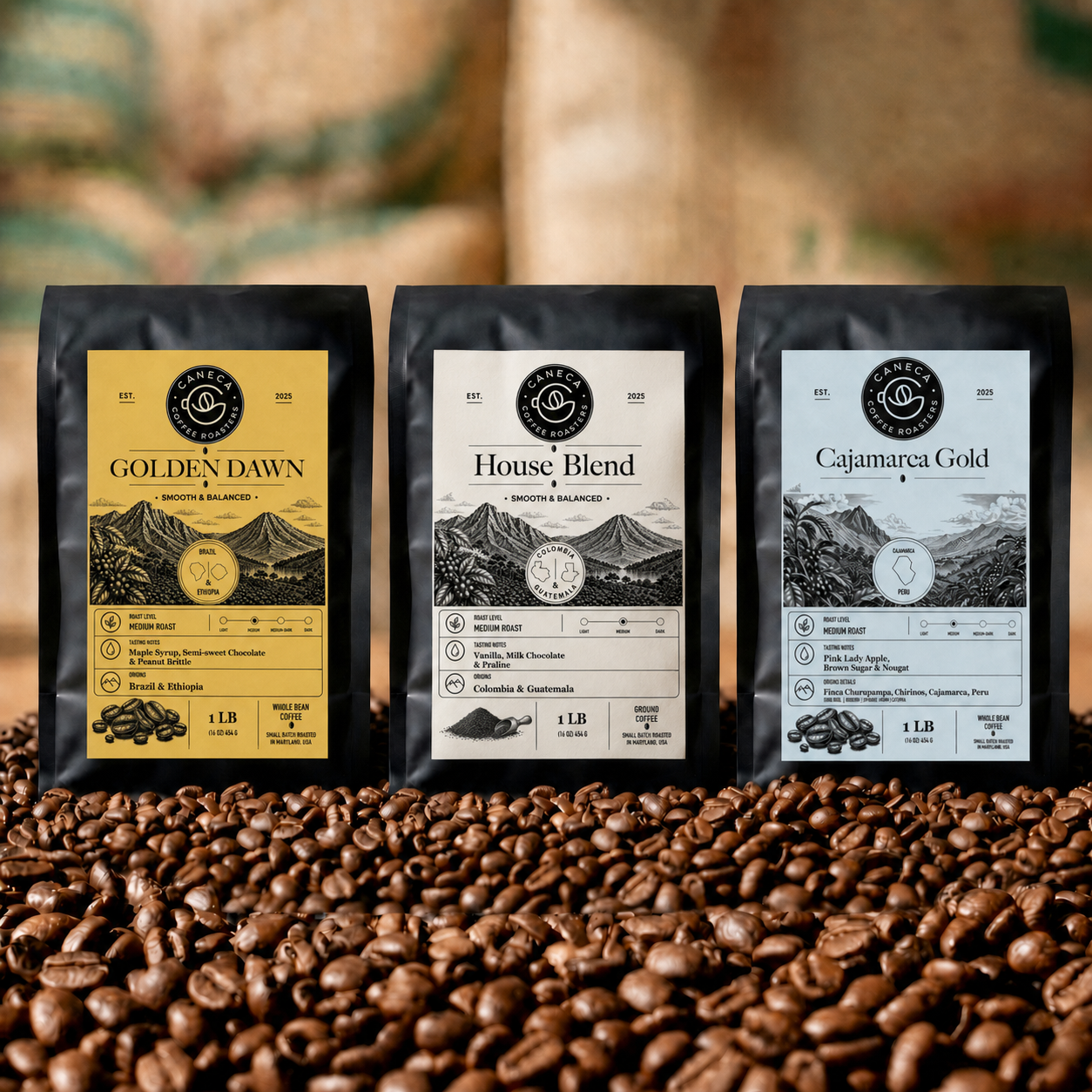 CANECA Coffee Roasters Medium Roast Bundle with Golden Dawn, House Blend ground coffee, and Cajamarca Gold