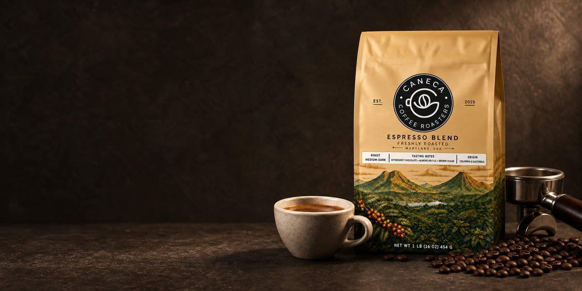 Wide website banner featuring CANECA Espresso Blend in the new packaging