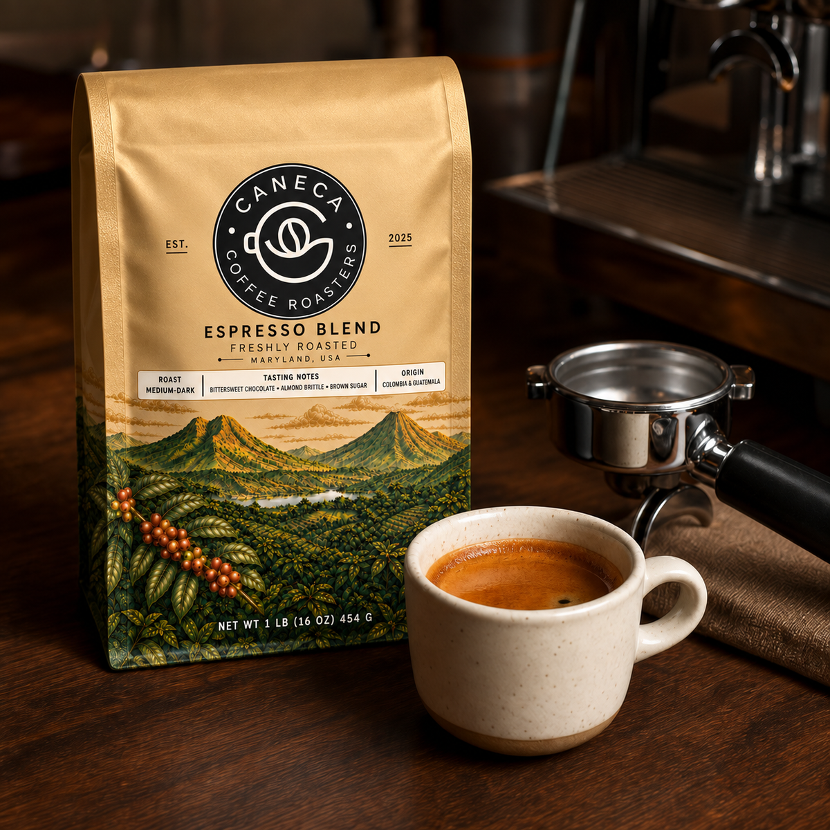 CANECA Espresso Blend new packaging beside freshly brewed espresso