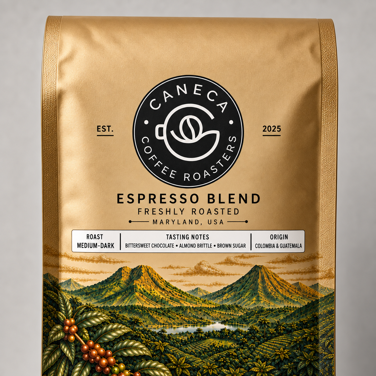Close-up of CANECA Espresso Blend new packaging with medium-dark roast, tasting notes, and Colombia and Guatemala origin