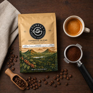 Overhead flat lay of CANECA Espresso Blend new packaging, beans, and espresso tools