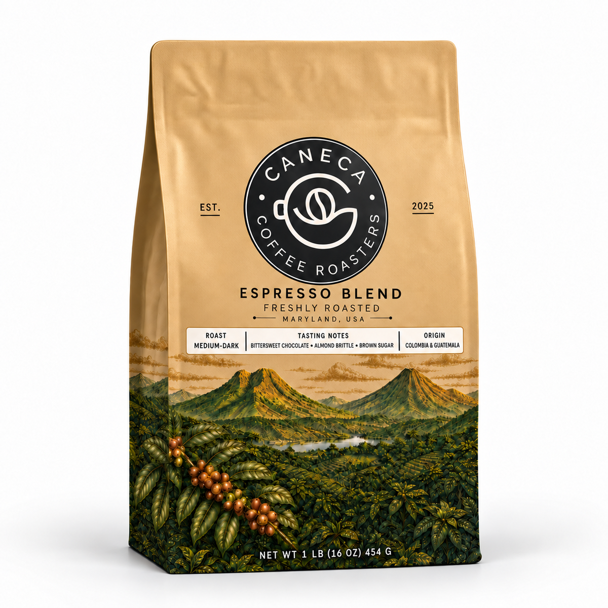 CANECA Espresso Blend medium-dark roast coffee bag with new champagne-gold landscape packaging on a clean studio background