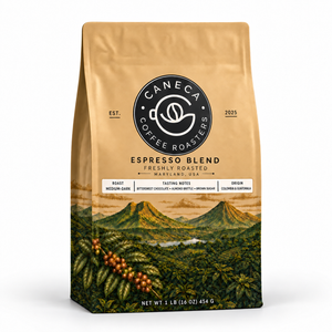 CANECA Espresso Blend medium-dark roast coffee bag with new champagne-gold landscape packaging on a clean studio background