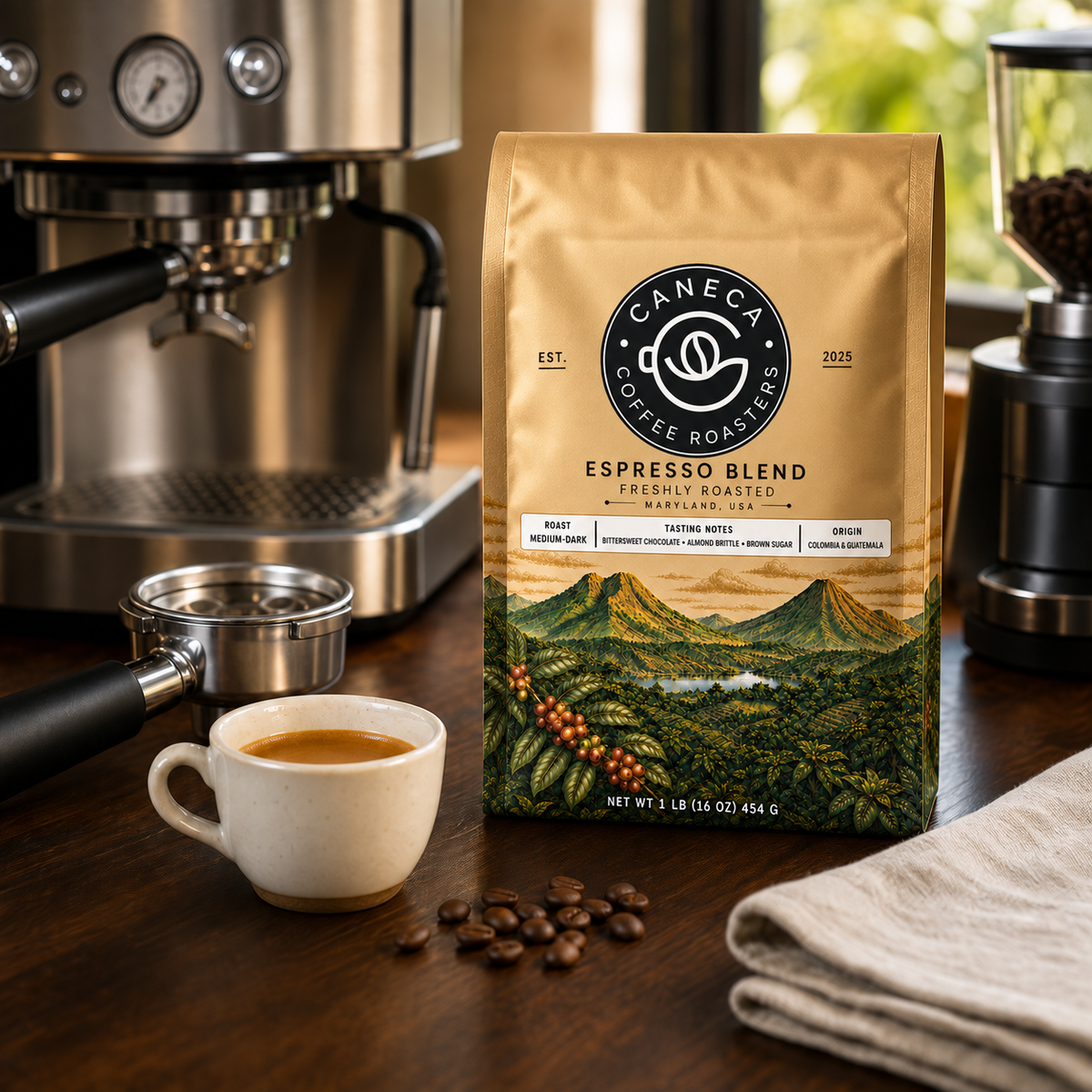 CANECA Espresso Blend new packaging in a warm espresso brewing lifestyle scene