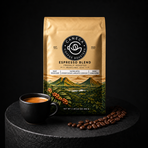 CANECA Espresso Blend new packaging in a premium dark advertising scene