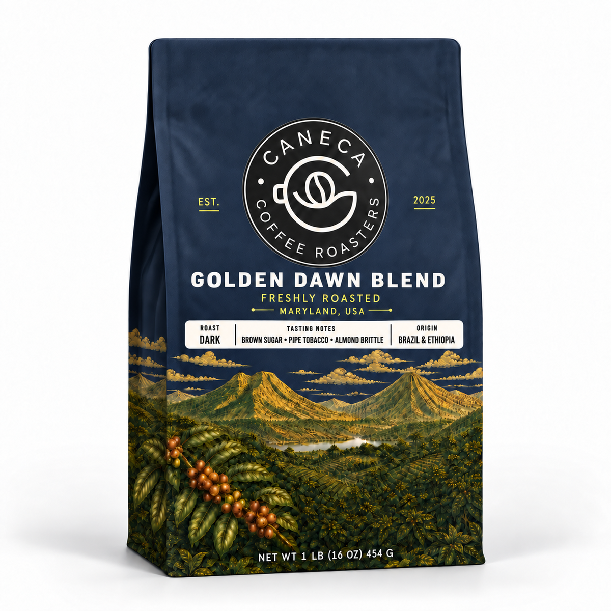CANECA Golden Dawn Blend dark roast coffee bag with new deep-navy landscape packaging