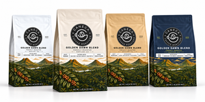 CANECA Golden Dawn Blend four-roast lineup: light, medium, medium-dark, and dark