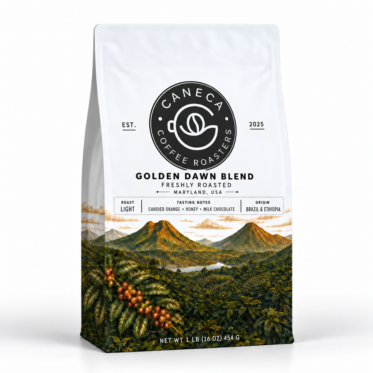 CANECA Golden Dawn Blend light roast coffee bag with new white landscape packaging