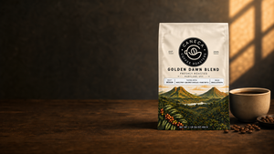 Wide website banner featuring CANECA Golden Dawn Blend medium roast in the new packaging