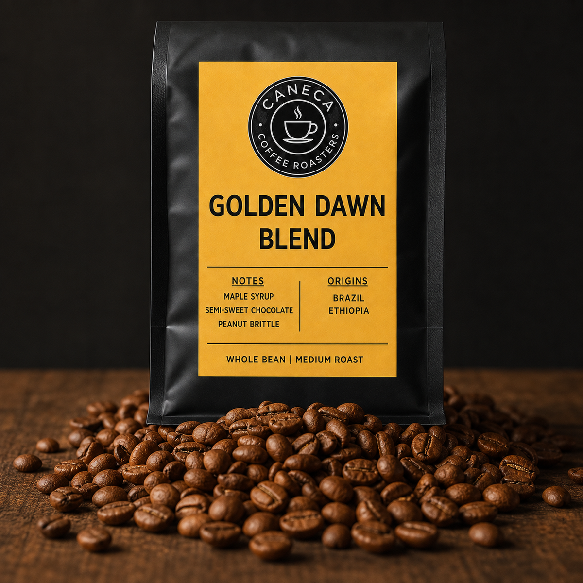 Freshly roasted medium coffee beans for CANECA Golden Dawn Blend