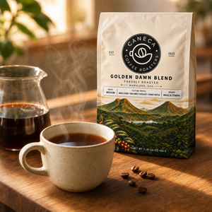 CANECA Golden Dawn Blend medium roast new packaging beside freshly brewed coffee