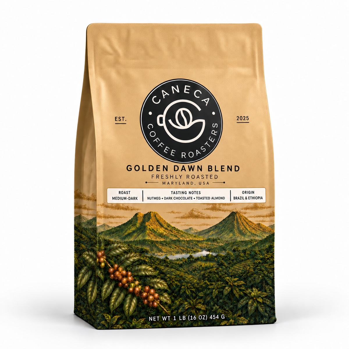 CANECA Golden Dawn Blend medium-dark roast coffee bag with new champagne-gold landscape packaging