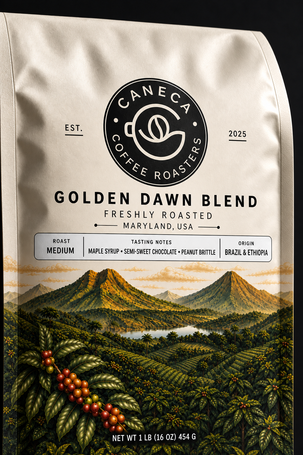 Close-up of CANECA Golden Dawn Blend medium roast new packaging and Brazil and Ethiopia origin