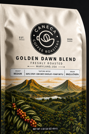 Close-up of CANECA Golden Dawn Blend medium roast new packaging and Brazil and Ethiopia origin