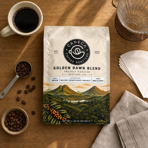 Overhead flat lay of CANECA Golden Dawn Blend medium roast new packaging and brewing tools