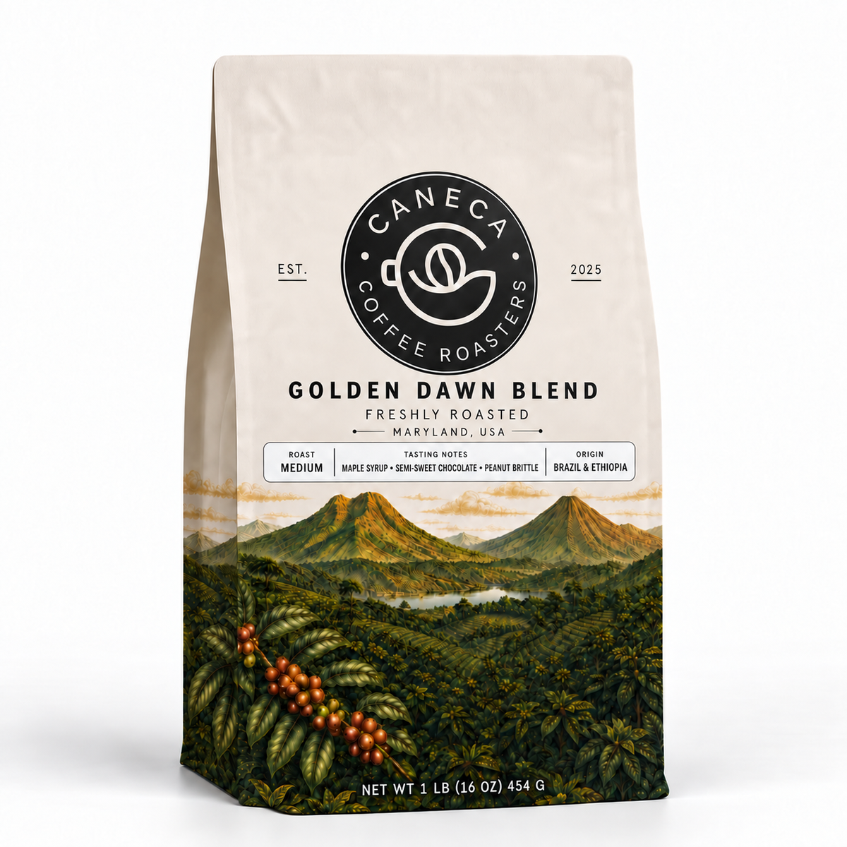 CANECA Golden Dawn Blend medium roast coffee bag with new warm-ivory landscape packaging on a clean studio background
