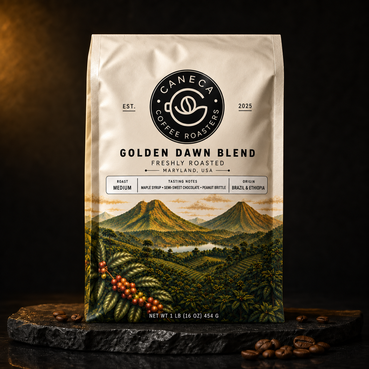 CANECA Golden Dawn Blend medium roast new packaging in a premium dark advertising scene