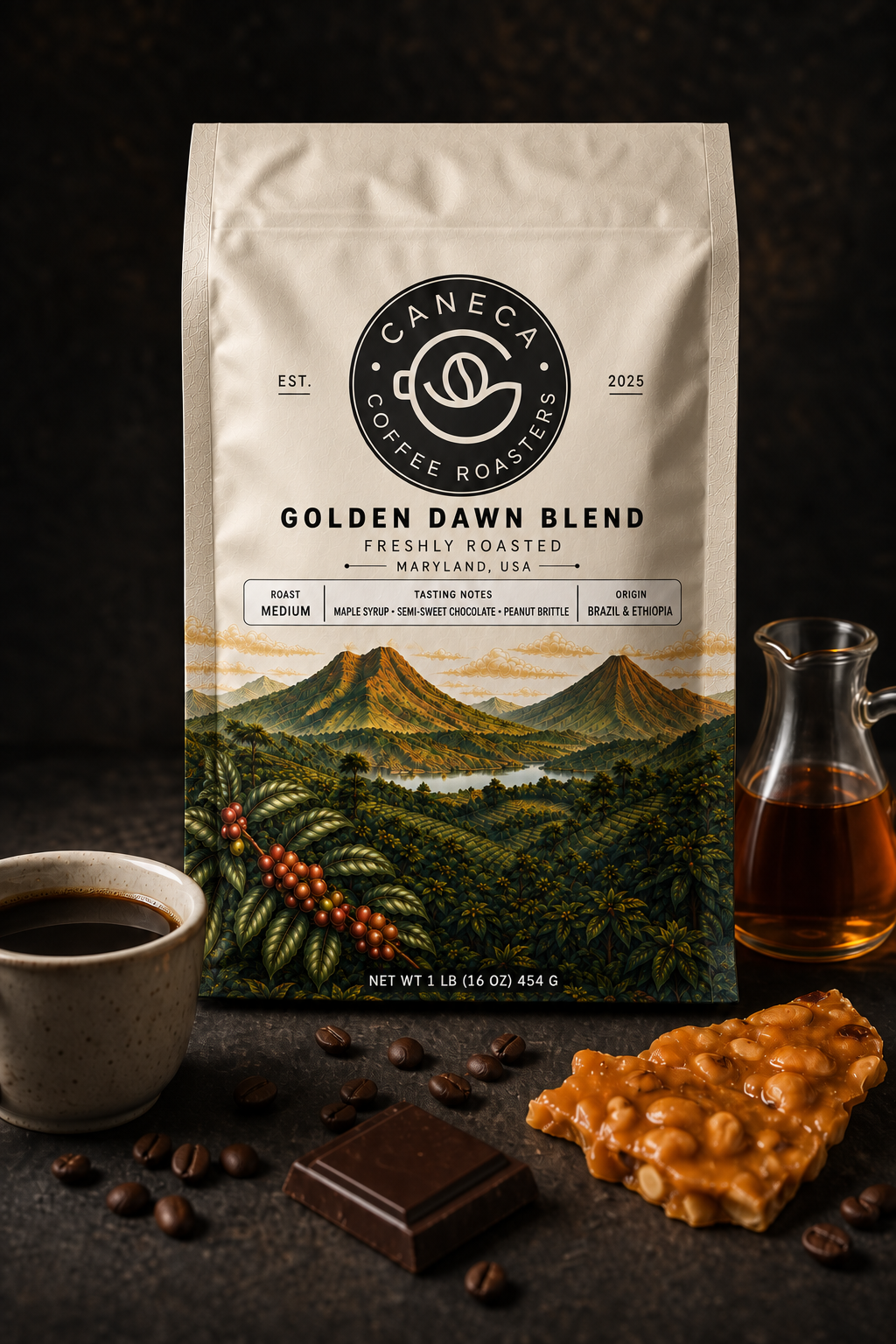 Marketing image for CANECA Golden Dawn Blend medium roast new packaging and tasting profile