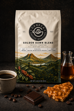 Marketing image for CANECA Golden Dawn Blend medium roast new packaging and tasting profile