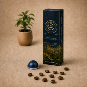 Unbranded navy Vertuo-compatible capsule with authentic domed shape shown at realistic scale beside the CANECA Coffee 10-count box
