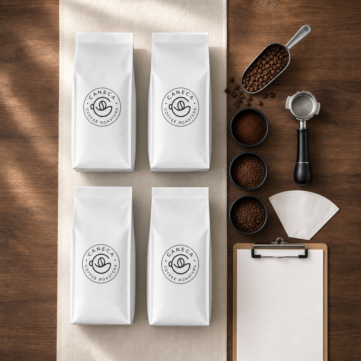 Flat lay of CANECA wholesale coffee order and brewing accessories