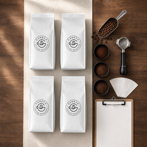 Flat lay of CANECA wholesale coffee order and brewing accessories