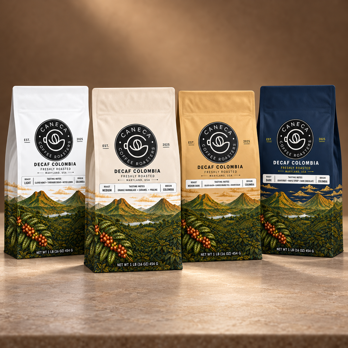 CANECA Decaf Colombia coffee bags in Light, Medium, Medium-Dark and Dark roast packaging