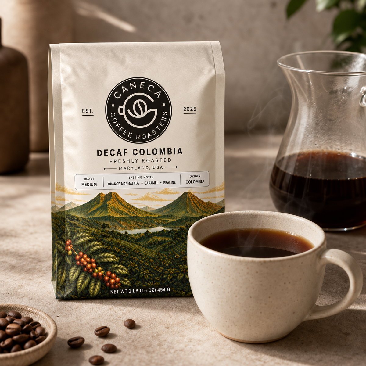 CANECA Decaf Colombia medium roast bag beside freshly brewed coffee