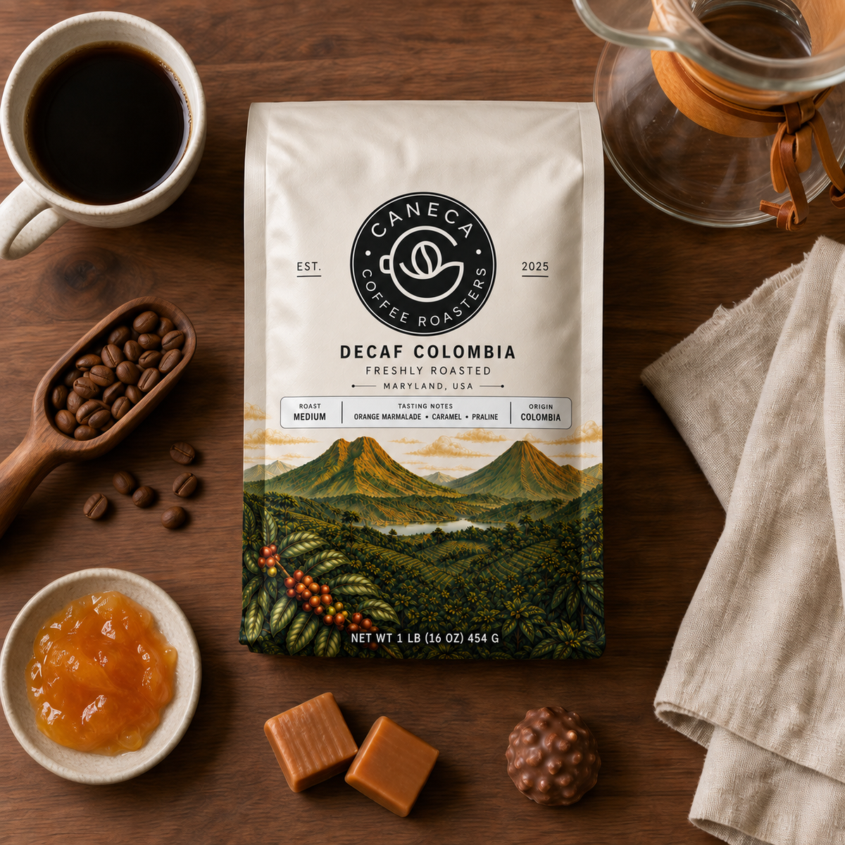 Overhead flat lay of CANECA Decaf Colombia coffee with brewing tools and tasting notes