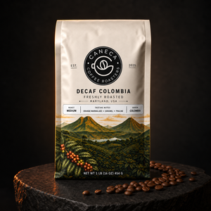 CANECA Decaf Colombia medium roast coffee bag in a premium dark studio setting