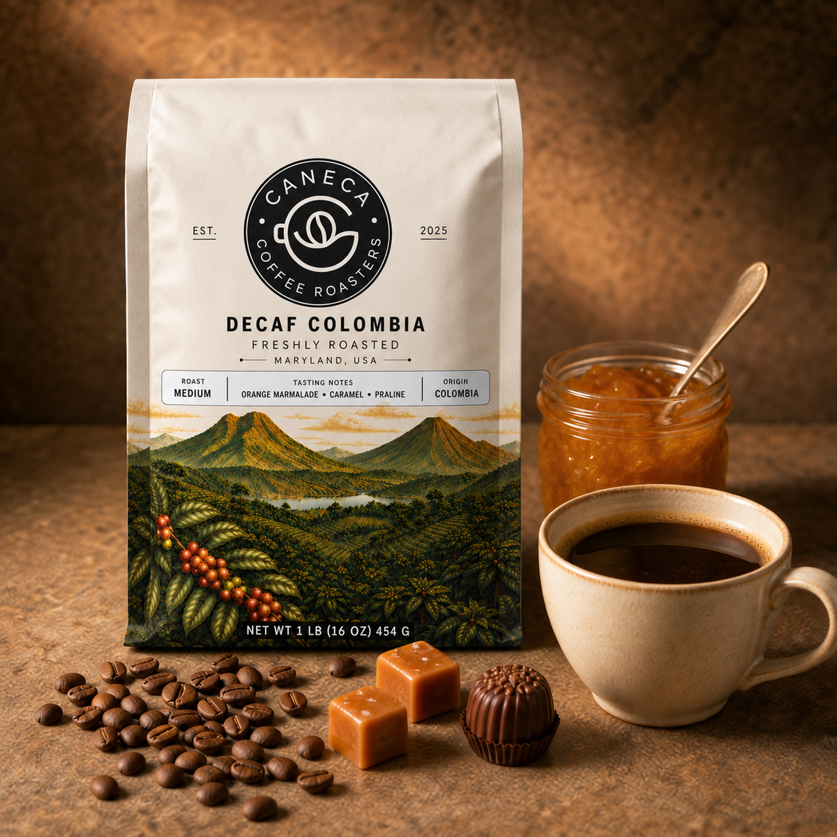 CANECA Decaf Colombia medium roast with orange marmalade, caramel and praline tasting-note cues