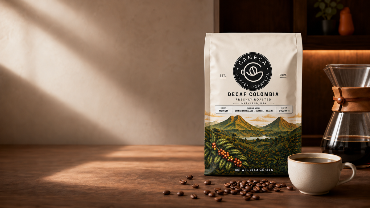 Wide website banner featuring CANECA Decaf Colombia coffee and pour-over service