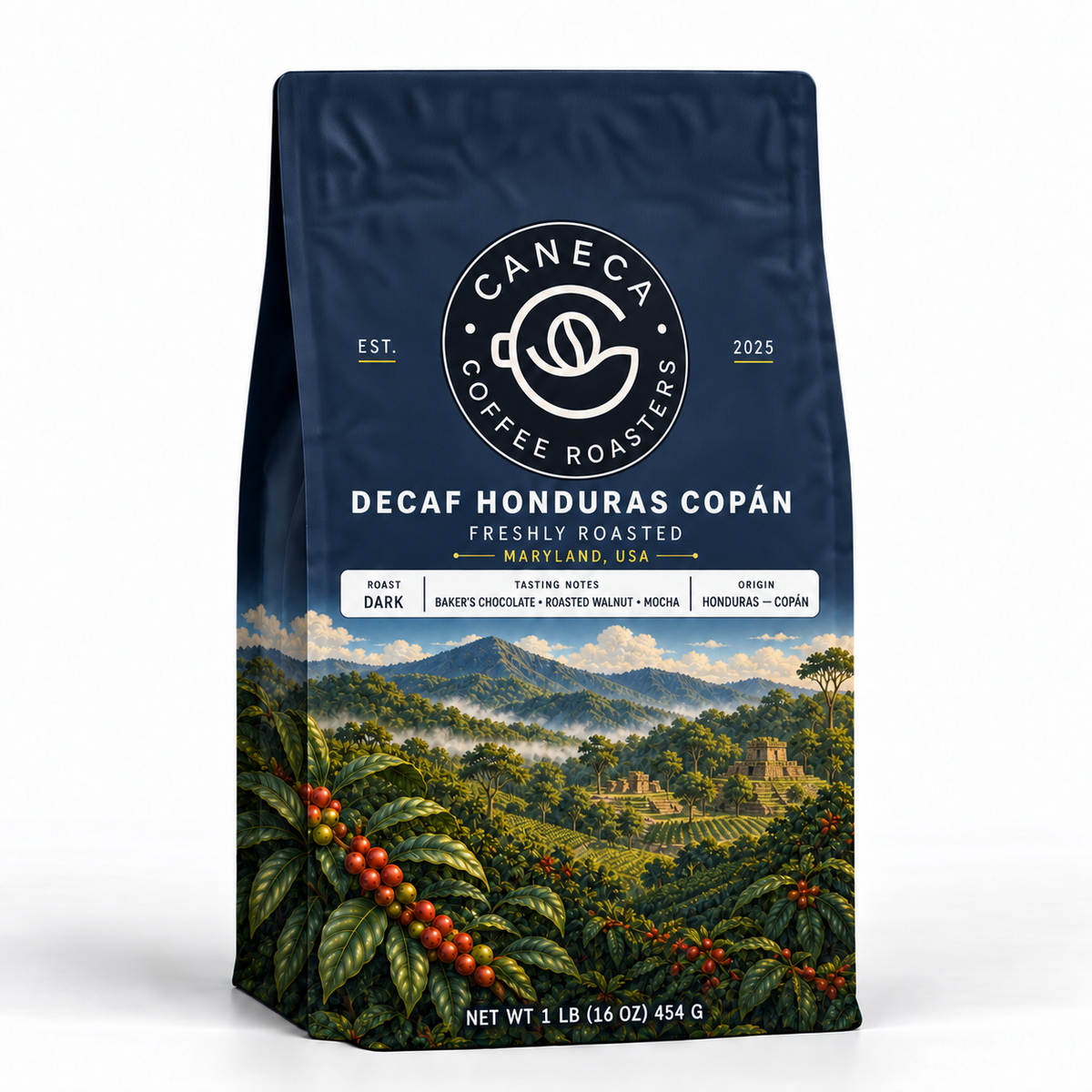 CANECA Decaf Honduras Copan dark roast coffee in corrected deep-navy packaging