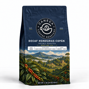 CANECA Decaf Honduras Copan dark roast coffee in corrected deep-navy packaging