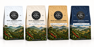 CANECA Decaf Honduras Copan four-roast lineup in white, ivory, champagne gold and navy packaging
