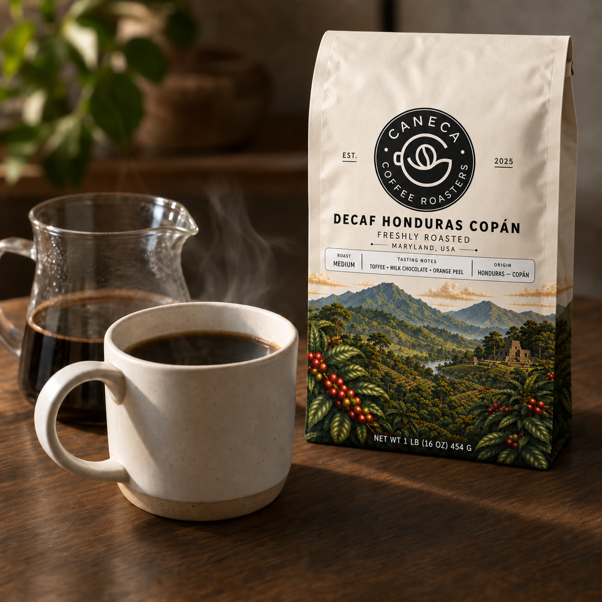 CANECA Decaf Honduras Copan medium roast beside freshly brewed coffee