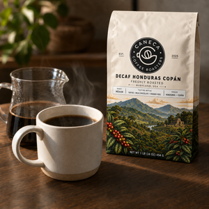 CANECA Decaf Honduras Copan medium roast beside freshly brewed coffee