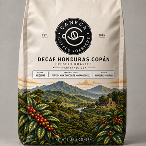 Close-up of CANECA Decaf Honduras Copan medium roast packaging and origin details