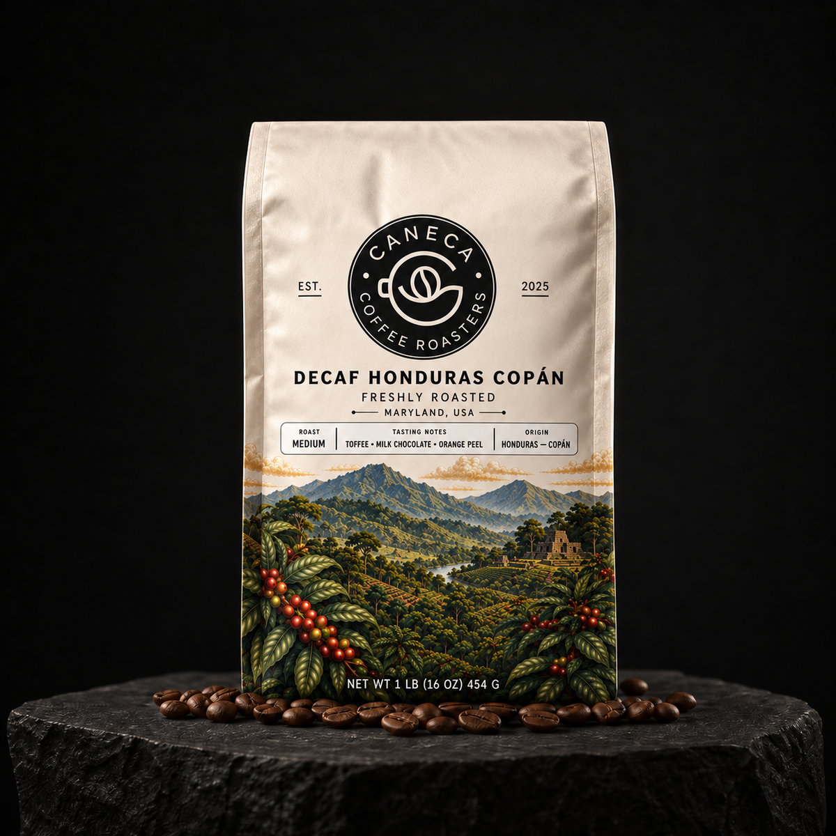 CANECA Decaf Honduras Copan medium roast coffee in a premium dark advertising scene