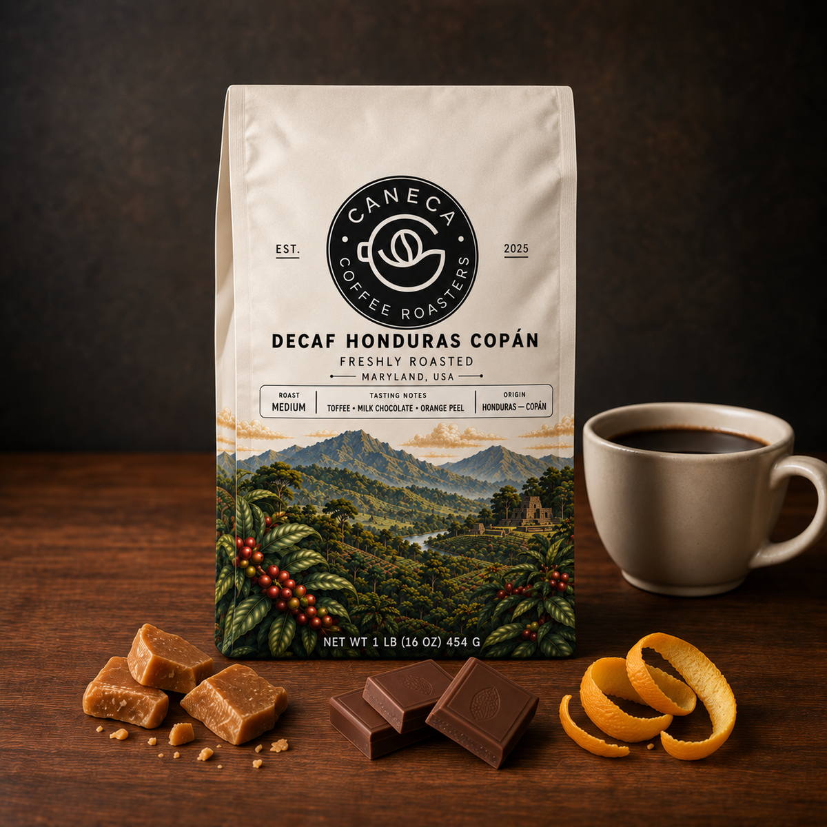 CANECA Decaf Honduras Copan medium roast marketing image with tasting profile